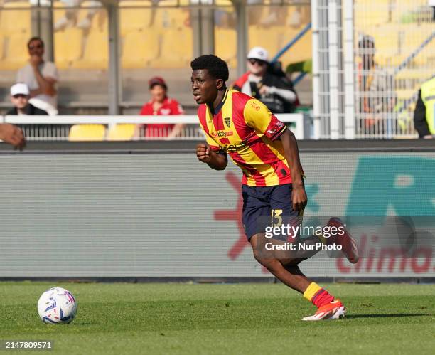 Patrick Chinazaekpere Dorgu of US Lecce is playing during the Serie A TIM match between US Lecce and Empoli FC in Lecce, Italy, on April 13, 2024.