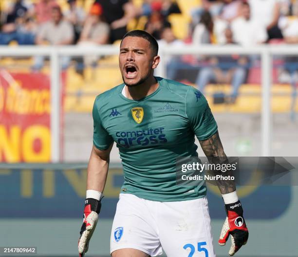 Elia Caprile of Empoli FC is playing during the Serie A TIM match between US Lecce and Empoli FC in Lecce, Italy, on April 13, 2024.