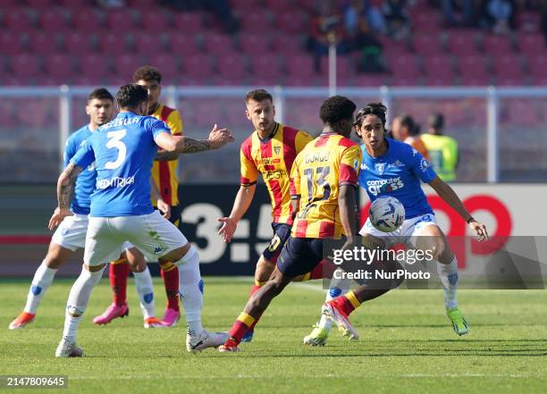 Patrick Chinazaekpere Dorgu of US Lecce is playing during the Serie A TIM match between US Lecce and Empoli FC in Lecce, Italy, on April 13, 2024.