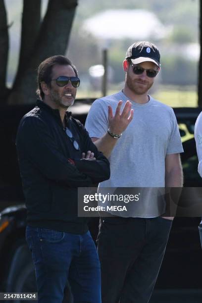 Prince Harry is seen at a polo event with a film crew on April 13, 2024 in Wellington, Florida.