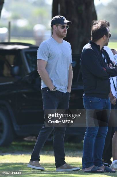 Prince Harry is seen at a polo event with a film crew on April 13, 2024 in Wellington, Florida.