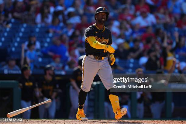 Andrew McCutchen of the Pittsburgh Pirates reacts after hitting his 300th career home run in the top of the ninth inning against the Philadelphia...