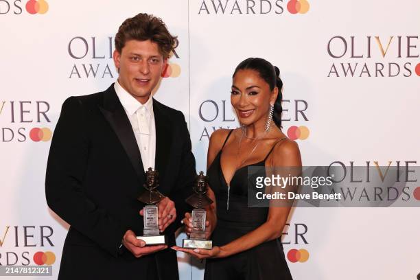 Tom Francis and Nicole Scherzinger, winners of Best Actor and Best Actress in a Musical for their performances in "Sunset Boulevard", pose in the...