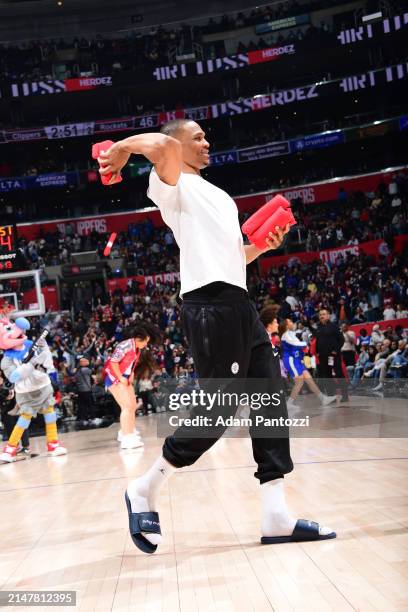 Russell Westbrook of the LA Clippers smiles during the game against the Houston Rockets on April 14, 2024 at Crypto.Com Arena in Los Angeles,...