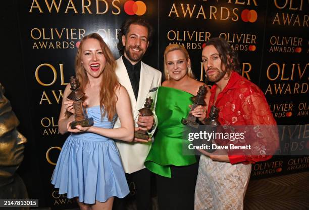 Natasha Hodgson, Felix Hagan, Zoe Roberts and David Cumming, winners of the Best New Musical award for "Operation Mincemeat", pose backstage during...