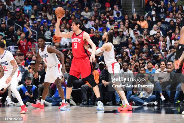 Boban Marjanovic of the Houston Rockets handles the ball during the game against the LA Clippers on April 14, 2024 at Crypto.Com Arena in Los...