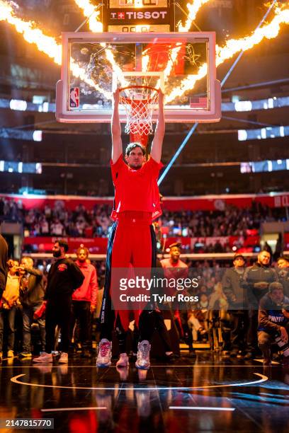 Boban Marjanovic of the Houston Rockets looks on before the game against the LA Clippers on April 14, 2024 at Crypto.Com Arena in Los Angeles,...