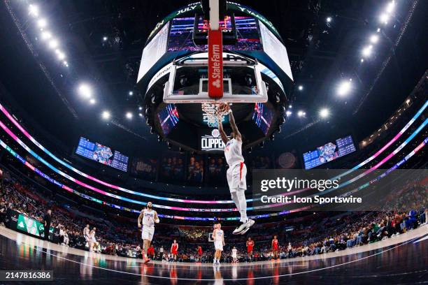 Clippers guard Terance Mann dunks during an the Los Angeles Clippers game versus the Houston Rockets on April 14 at Crypto.com Arena in Los Angeles,...