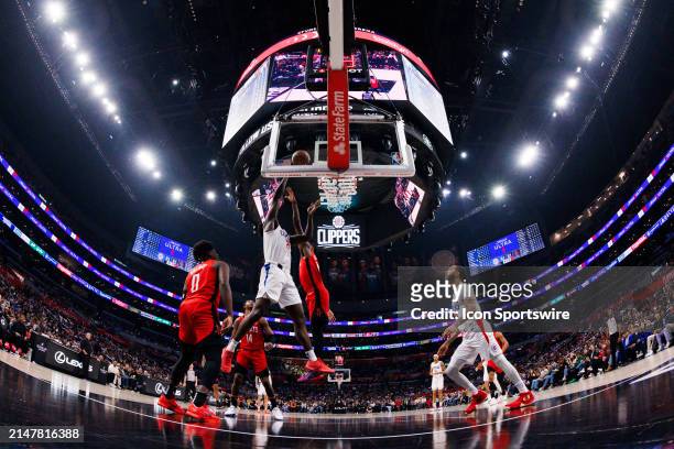 Clippers guard Kobe Brown shoots during an the Los Angeles Clippers game versus the Houston Rockets on April 14 at Crypto.com Arena in Los Angeles,...