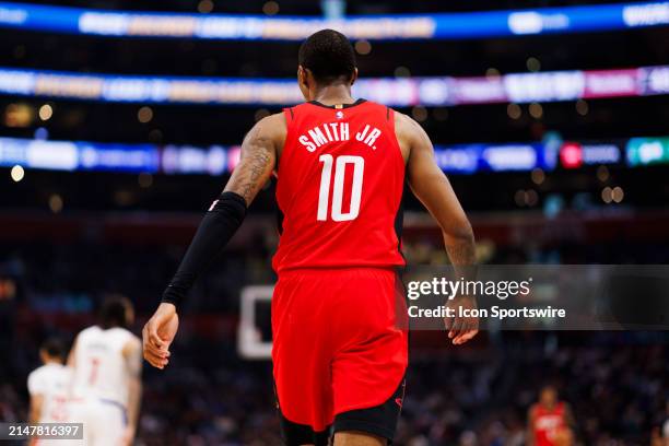 Houston Rockets forward Jabari Smith Jr. Back of jersey during an the Los Angeles Clippers game versus the Houston Rockets on April 14 at Crypto.com...