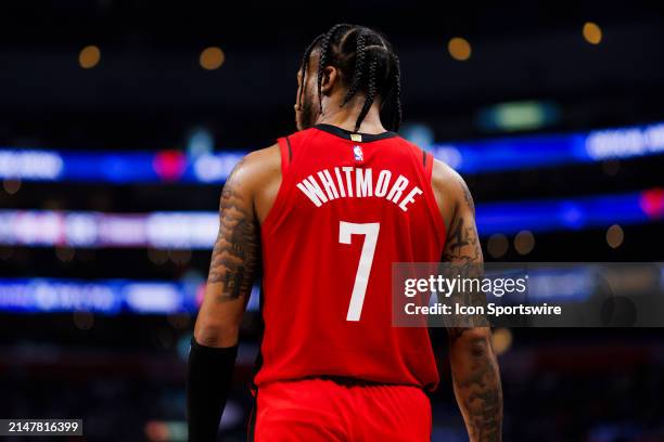 Houston Rockets forward Cam Whitmore back of jersey during an the Los Angeles Clippers game versus the Houston Rockets on April 14 at Crypto.com...