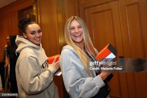 Celeste Taylor and Jacy Sheldon receives a gift from Tissot at the player hotel during the 2024 WNBA Draft on April 14, 2024 in New York, New York....