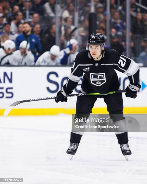 Los Angeles Kings defenseman Jordan Spence during the Vancouver Canucks game versus the Los Angeles Kings on April 6 at Crypto.com Arena in Los...