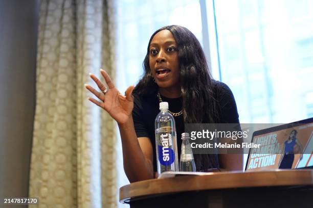 Chiney Ogwumike speaks during the CarMax Player Media Session at the player hotel during the 2024 WNBA Draft on April 14, 2024 in New York, New York....