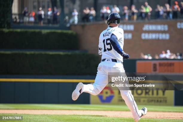 Detroit Tigers catcher Carson Kelly runs to first base after hitting a single during the eighth inning of a regular season Major League Baseball game...