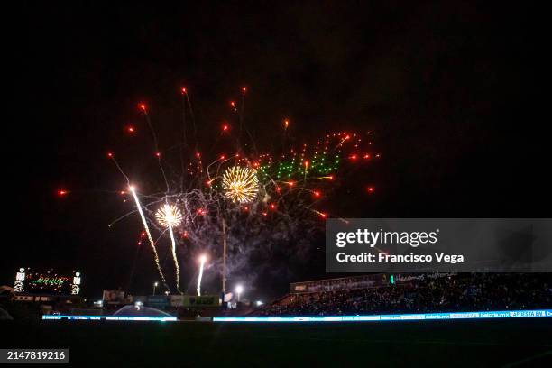 General view of fireworks at the halftime show during the 15th round match between FC Juarez and Tijuana as part of the Torneo Clausura 2024 Liga MX...