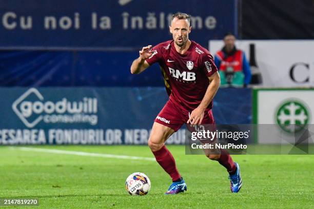 Matija Boben is in action during the Romania Superliga Play Off between CFR 1907 Cluj and FCSB at Dr. Constantin Radulescu Stadium in Cluj-Napoca,...