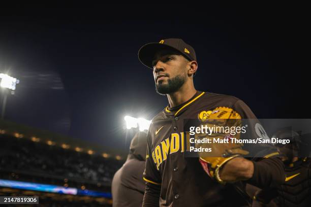 Robert Suarez of the San Diego Padres after defeating the Los Angeles Dodgers at Dodger Stadium on April 14, 2024 in Los Angeles, California.