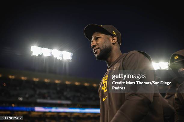 Jurickson Profar of the San Diego Padres celebrates after defeating the Los Angeles Dodgers at Dodger Stadium on April 14, 2024 in Los Angeles,...