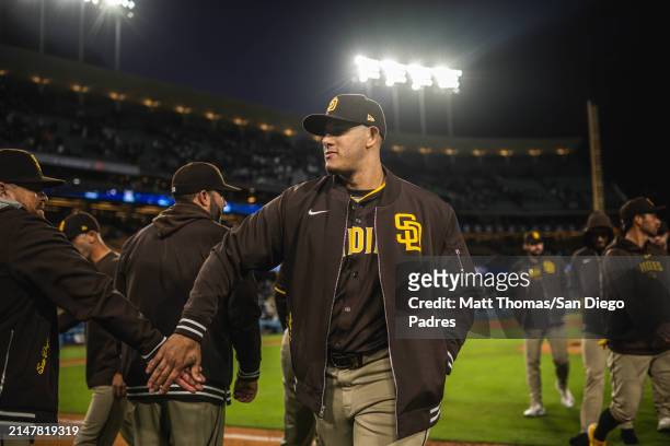 Manny Machado of the San Diego Padres celebrates after defeating the Los Angeles Dodgers at Dodger Stadium on April 14, 2024 in Los Angeles,...