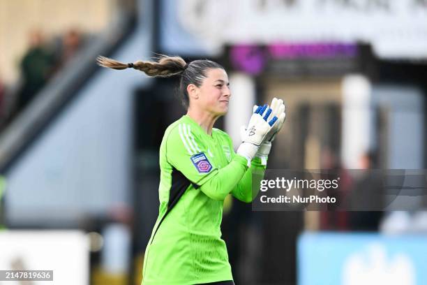 Goalkeeper Sabrina D'Angelo of Arsenal is celebrating as her team goes 2-0 up during the Barclays FA Women's Super League match between Arsenal and...