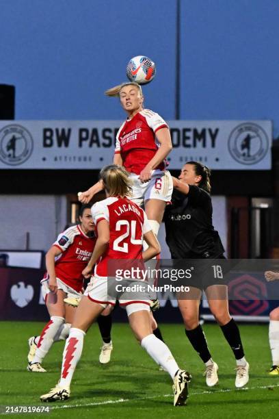 Leah Williamson is heading the ball during the Barclays FA Women's Super League match between Arsenal and Bristol City at Meadow Park, Borehamwood,...