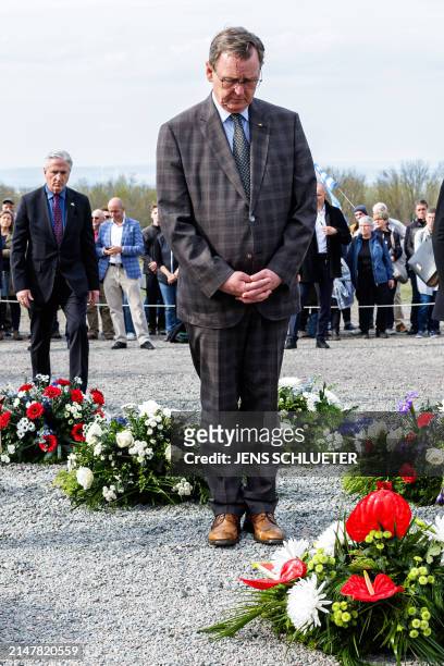 Thuringia's State Premier Bodo Ramelow attends the commemoration ceremony to mark the 79th anniversary of the liberation of the Buchenwald Nazi...