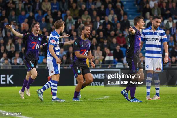 Mohammed Tahiri of Telstar, Alex Plat of Telstar are celebrating their teams first goal, the 0-1, Mimoun Mahi of De Graafschap is looking dejected...