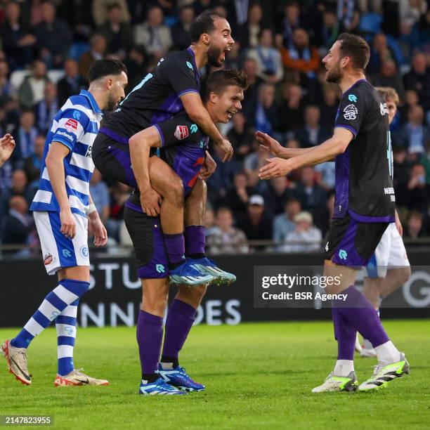 Mohammed Tahiri of Telstar, Alex Plat of Telstar and Thomas Oude Kotte of Telstar are celebrating their teams first goal, the 0-1 during the Dutch...