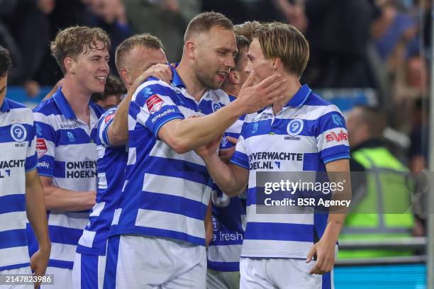 Xandro Schenk of De Graafschap, Donny Warmerdam of De Graafschap are celebrating their teams 4th goal during the Dutch Keukenkampioendivisie match...