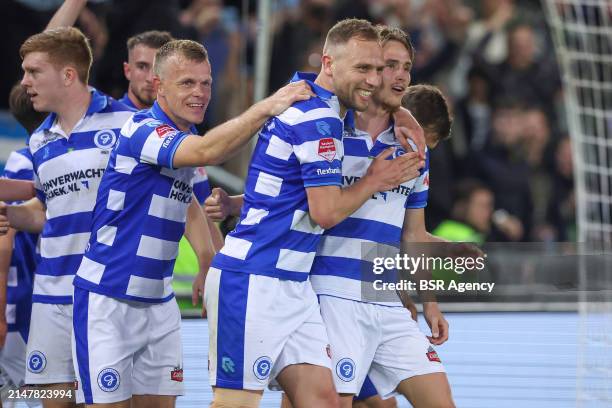 Lion Kaak of De Graafschap, Xandro Schenk of De Graafschap, Donny Warmerdam of De Graafschap are celebrating their teams 4th goal during the Dutch...