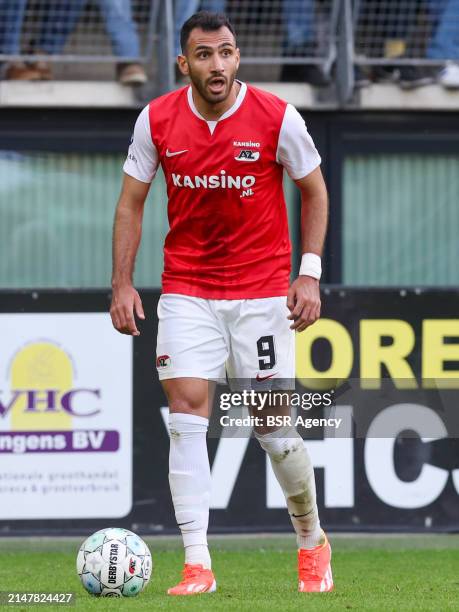 Vangelis Pavlidis of AZ Alkmaar looks on during the Dutch Eredivisie match between AZ Alkmaar and RKC Waalwijk at AFAS Stadion on April 13, 2024 in...