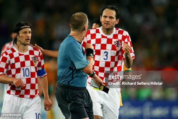 June 22: Niko Kovac and Josip Simunic of Croatia approach referee Graham Poll during the FIFA World Cup Finals 2006 Group F match between Croatia and...