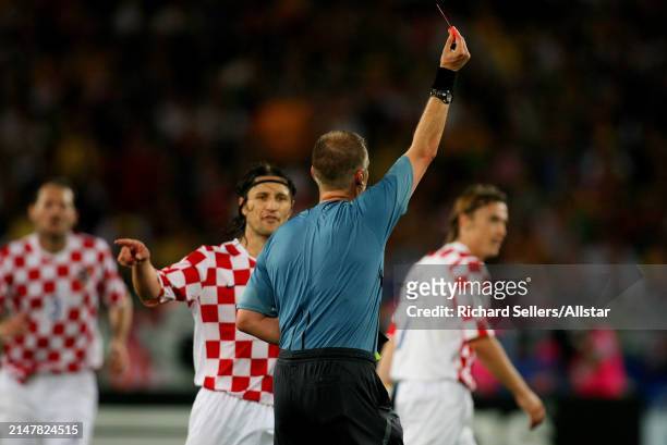 June 22: Niko Kovac of Croatia looks on as Referee Graham Poll shows Red card during the FIFA World Cup Finals 2006 Group F match between Croatia and...