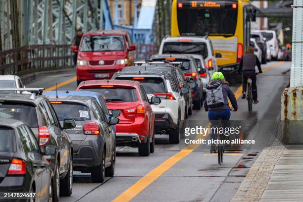 April 2024, Saxony, Dresden: Cyclists ride past cars in a traffic jam on a marked cycle path at the Blaues Wunder bridge over the Elbe. The cycle...
