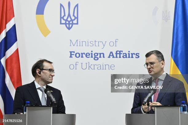 Ukraine's Foreign Minister Dmytro Kuleba and Norway's Foreign Minister Espen Barth Eide hold a joint press conference following their talks in Kyiv...