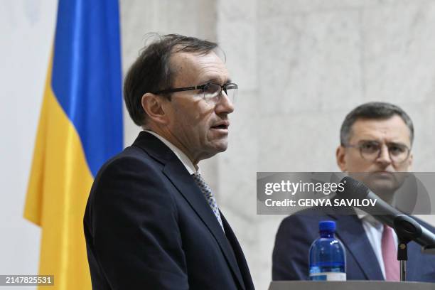 Ukraine's Foreign Minister Dmytro Kuleba and Norway's Foreign Minister Espen Barth Eide hold a joint press conference following their talks in Kyiv...