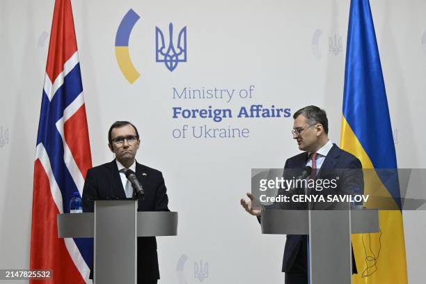 Ukraine's Foreign Minister Dmytro Kuleba and Norway's Foreign Minister Espen Barth Eide hold a joint press conference following their talks in Kyiv...