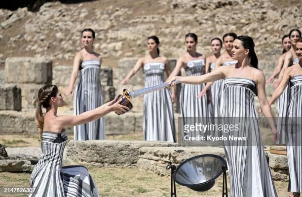 Rehearsal for the Paris Olympic flame lighting ceremony is held in ancient Olympia, Greece, on April 15, 2024.