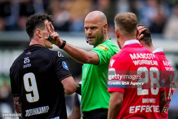 Referee Rob Dieperink gestures during the Dutch Eredivisie match between Heracles Almelo and sc Heerenveen at the Erve Asito on April 14, 2024 in...