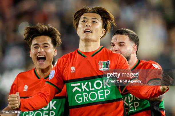 Koki Ogawa of NEC celebrates after scoring his teams first goal during the Dutch Eredivisie match between NEC and PEC Zwolle at Goffertstadion on...