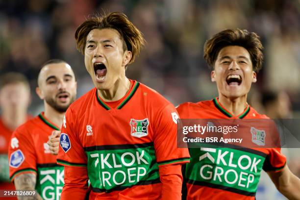 Koki Ogawa of NEC celebrates after scoring his teams first goal during the Dutch Eredivisie match between NEC and PEC Zwolle at Goffertstadion on...