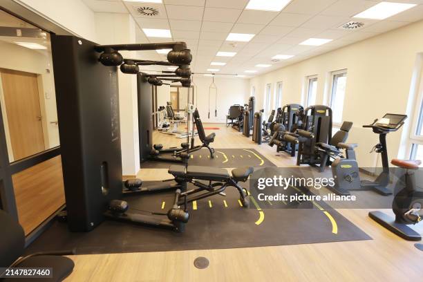 April 2024, Thuringia, Eisenberg: Therapeutic sports equipment stands in a room at the opening of a new orthopaedic rehabilitation clinic. The...