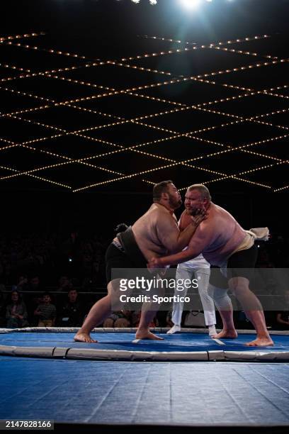 Rui "The Hurricane" Junior and Mark Jones at the World Championship Sumo held at The Theater at Madison Square Garden on April 13, 2024 in New York,...