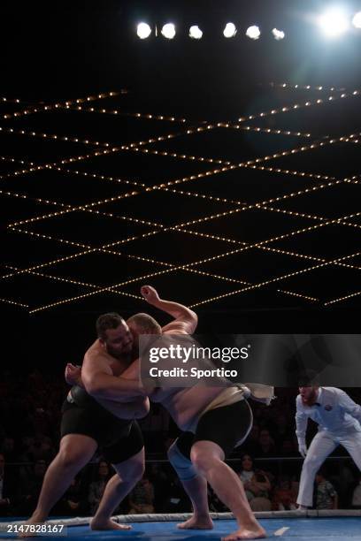 Rui "The Hurricane" Junior and Mark Jones at the World Championship Sumo held at The Theater at Madison Square Garden on April 13, 2024 in New York,...