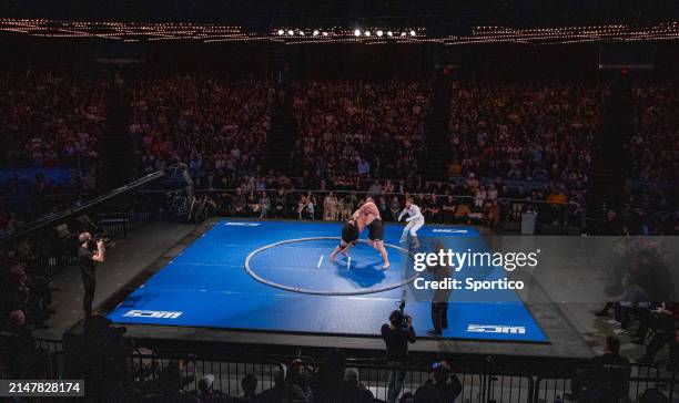 Mark Jones and Robert Fuimaono at the World Championship Sumo held at The Theater at Madison Square Garden on April 13, 2024 in New York, New York.