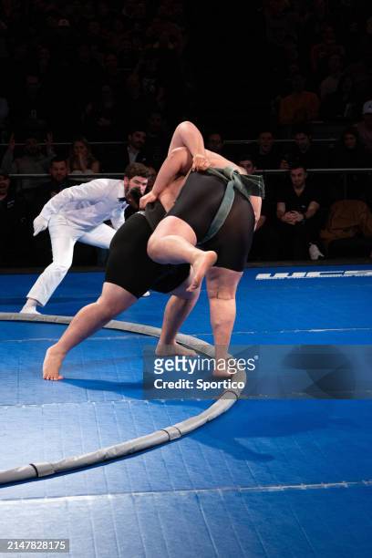 Rui "The Hurricane" Junior and Kamal "Big Kimo" Basira at the World Championship Sumo held at The Theater at Madison Square Garden on April 13, 2024...