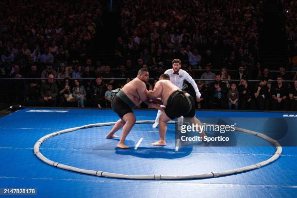 Rui "The Hurricane" Junior and Kamal "Big Kimo" Basira at the World Championship Sumo held at The Theater at Madison Square Garden on April 13, 2024...