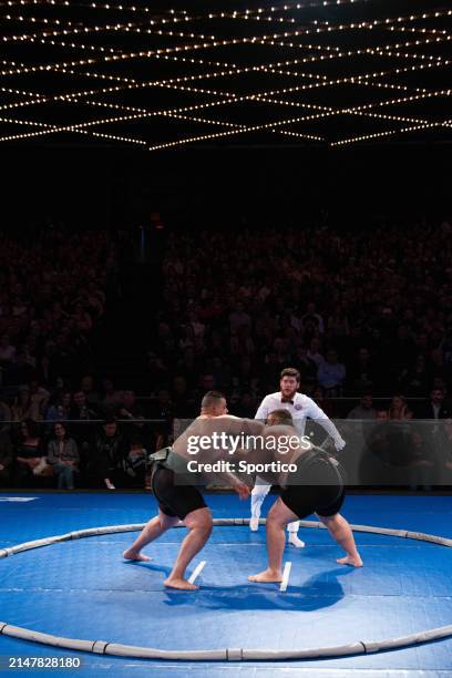 Rui "The Hurricane" Junior and Kamal "Big Kimo" Basira at the World Championship Sumo held at The Theater at Madison Square Garden on April 13, 2024...