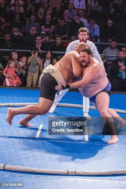 Oosuna "Sandstorm" Arashi and Jared Tadlock at the World Championship Sumo held at The Theater at Madison Square Garden on April 13, 2024 in New...